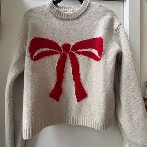 a new day Cream Sweater with Red Bow